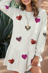 Sequin Heart Round Neck Long Sleeve Mini Dress OutfitFlow